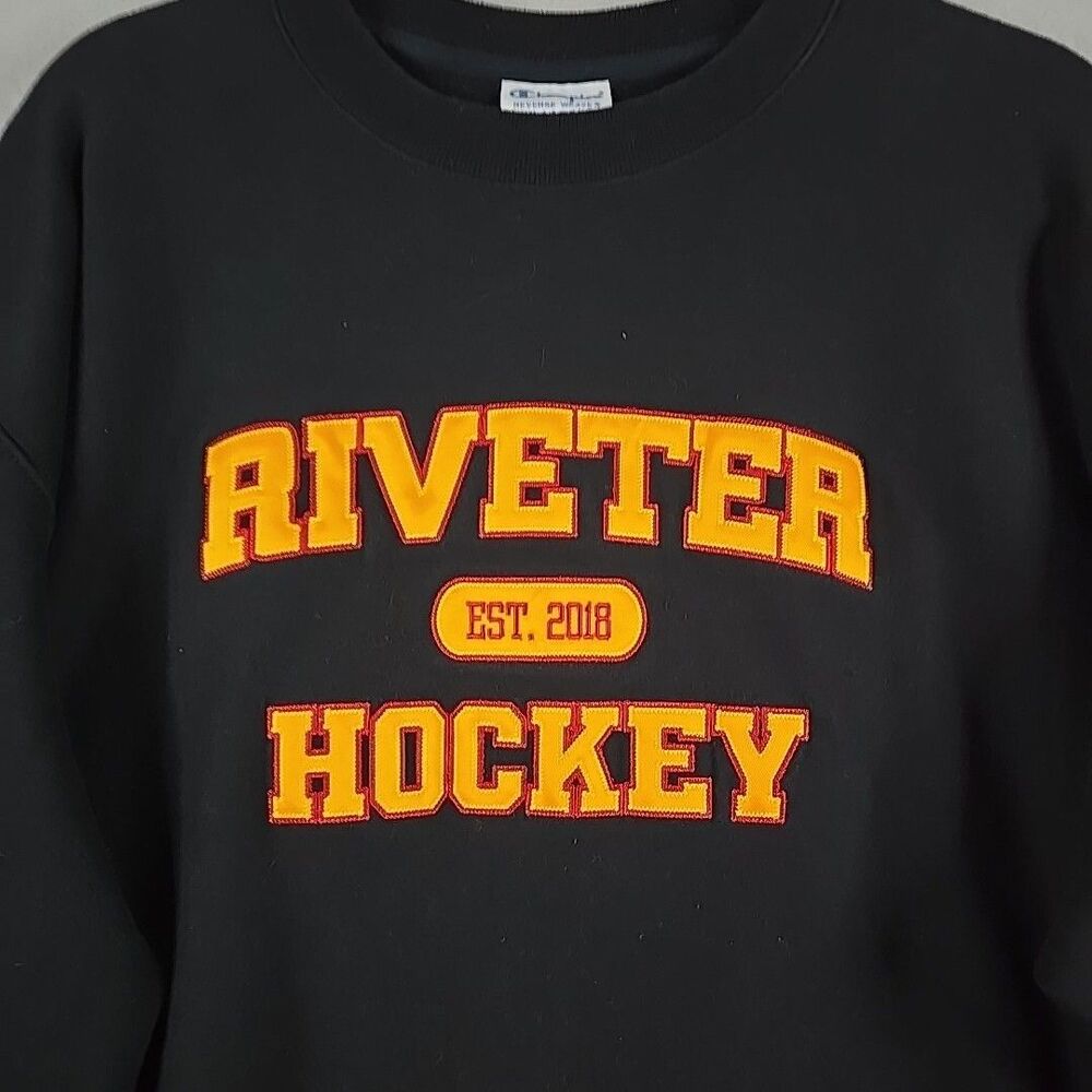 Champion USA Reverse Weave Sweatshirt Sewn On  Patch Riveter Hockey Black Sz XL